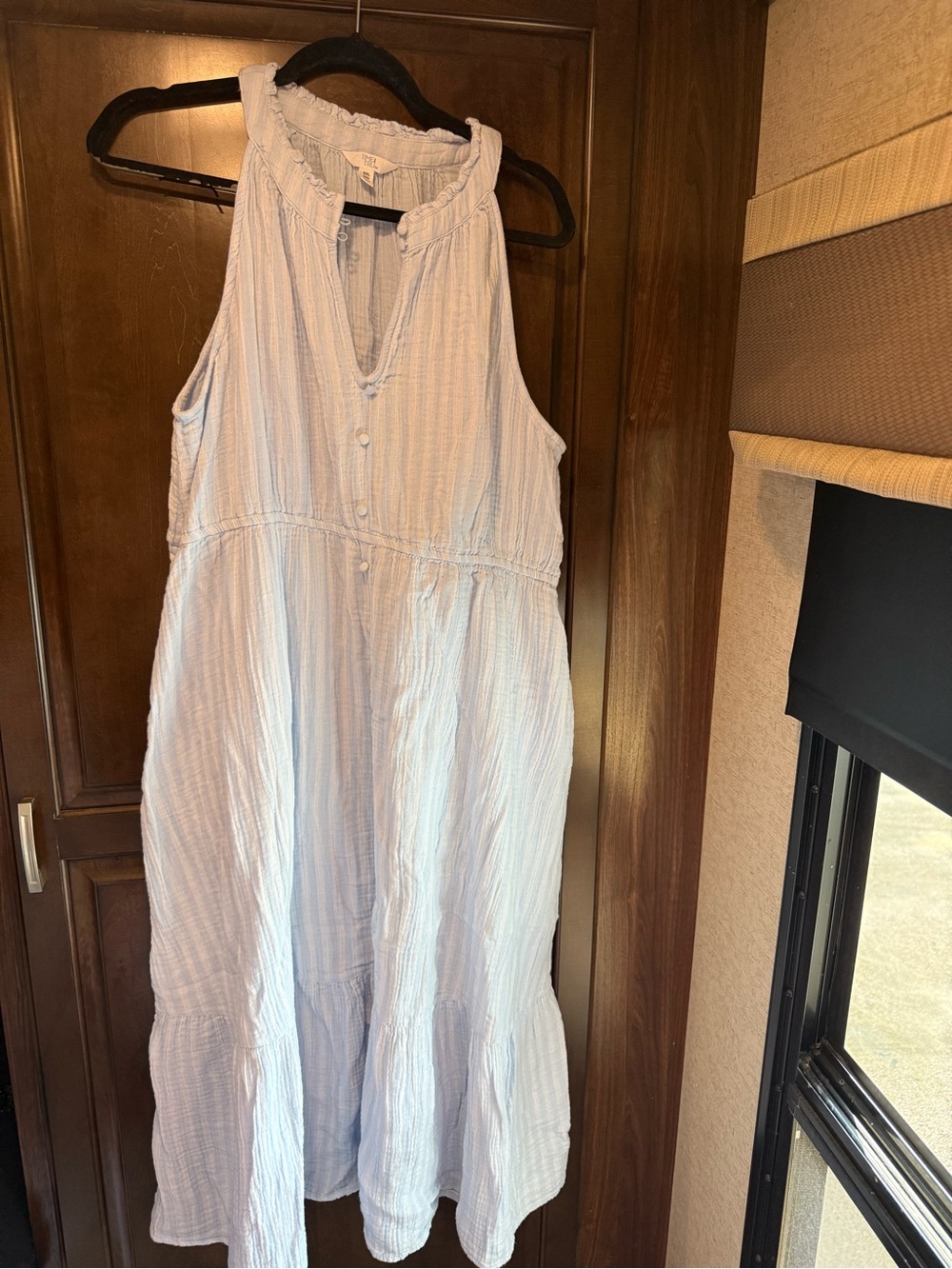 Time and Tru Light Blue & White Striped Sleeveless Midi Dress